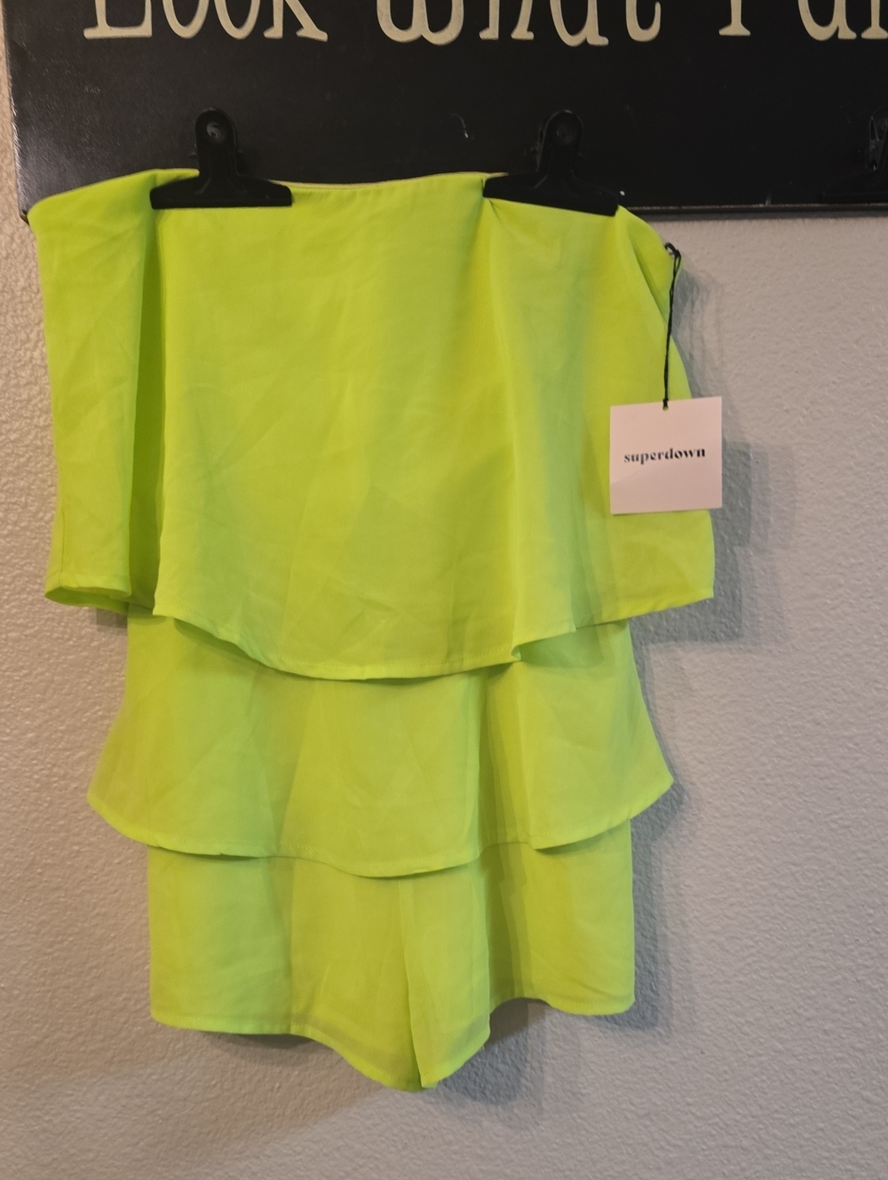 superdown Neon Lime Tiered Off-Shoulder Romper